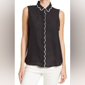 LAUNDRY BY SHELLI SEGAL Sleeveless Scalloped Button Down Blouse In Black Size M